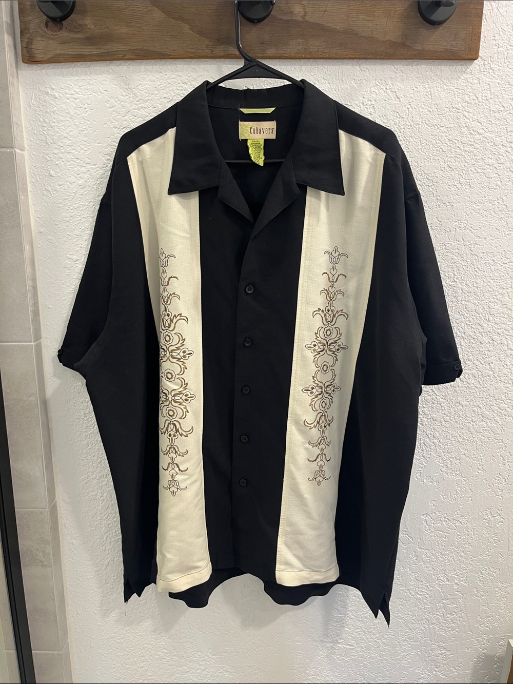 Cubavera Black and Cream Embroidered Short-Sleeve Button-Down - Read